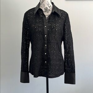 Jessica Black Sheer Lace Button-Up Shirt Size Large